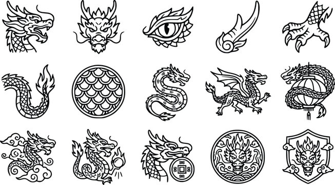 Dragon line art icons set, 15 black and white mythical creature illustrations. Oriental dragon heads and body elements, fantasy beast vector graphics.