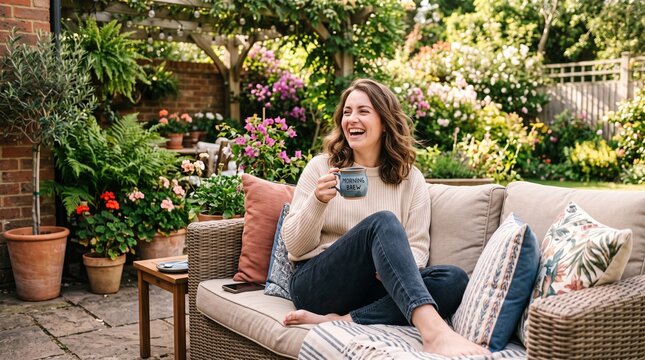 Happy woman laughing and drinking coffee outdoors in garden