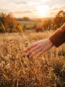 Woman Touching Dry Grass in Sunset Field for Nature and Autumn Themes