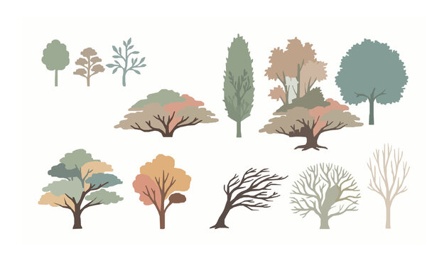 Minimal Pastel Botanical Tree Vector Elements with Leafy and Bare Hand Drawn Trees