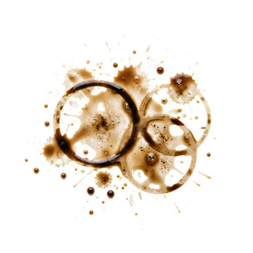 Coffee stains and splatters on paper with brown ring marks