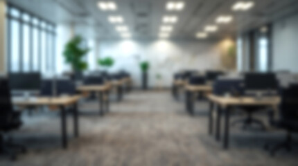 Fototapeta premium Empty modern open plan office interior with rows of computer des