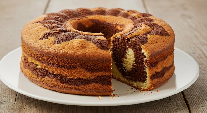 Swirls of Delight: A beautifully baked marble cake, with its distinctive swirls of chocolate and vanilla, sits enticingly on a white plate, ready to be savored. A slice is artfully removed.