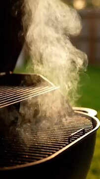 Grill smoke rising heats up for cooking during outdoor backyard barbecue