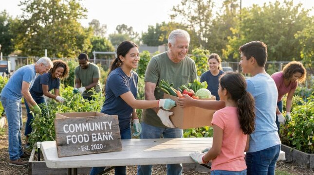 Community Food Bank Volunteers Distribute Fresh Produce to Families Outdoors