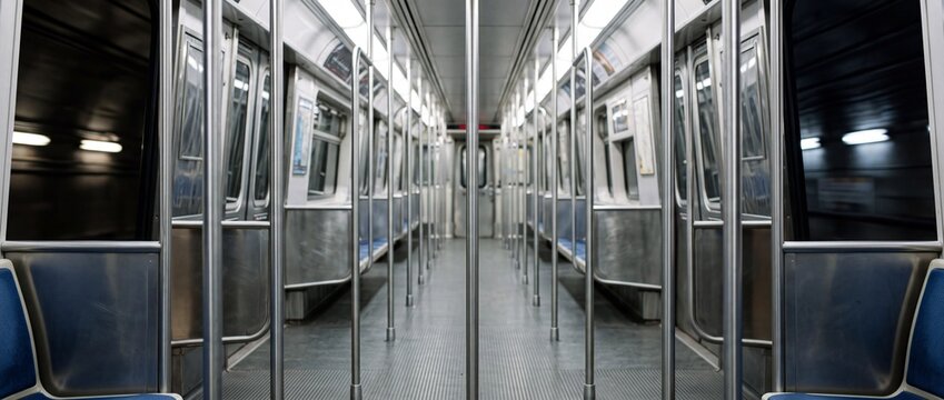 Empty retro subway car interior featuring blue seats, metal poles, and a perspective view of the tunnel creating a vintage urban travel scene.