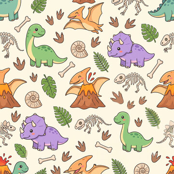 Cute Dinosaurs and Prehistoric Animals Seamless Pattern