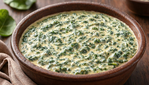 Rich creamy steakhouse creamed spinach with parmesan cheese and garlic in ceramic bowl