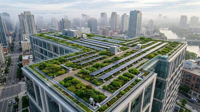 Modern green roof urban architecture with rooftop garden on highrise building amid misty city skyline architecture building sustainable environment skyscraper cityscape commercial development