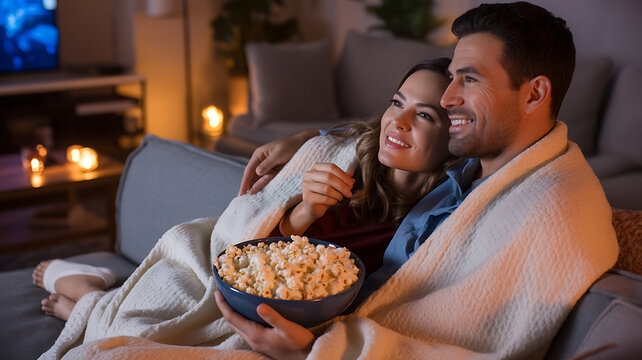 Happy young couple cuddling under blanket watching movie with popcorn bowl on sofa at night