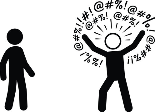 Angry person shouting abusive swear words and profanity at another calm stick figure vector graphic concept