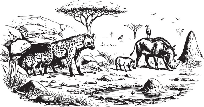 Black and white of prehistoric animals in a natural setting mammoth saber-toothed tiger woolly rhinoceros