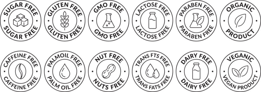Round badge collection for dietary food restrictions labeling including gluten sugar gmo lactose paraben organic caffeine palm oil nut trans fats dairy vegan.