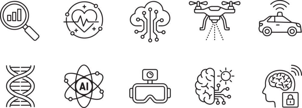 Collection of modern technology and science thin line icons for advanced digital research development and laboratory innovation concepts isolated vector set.