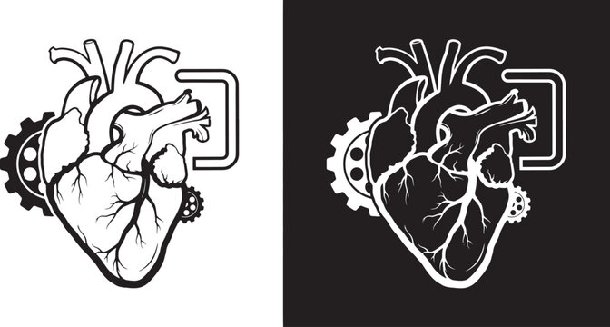 Anatomical heart icon with mechanical gears design elements on transparent background representing bioengineered organ or futuristic medical technology concept.