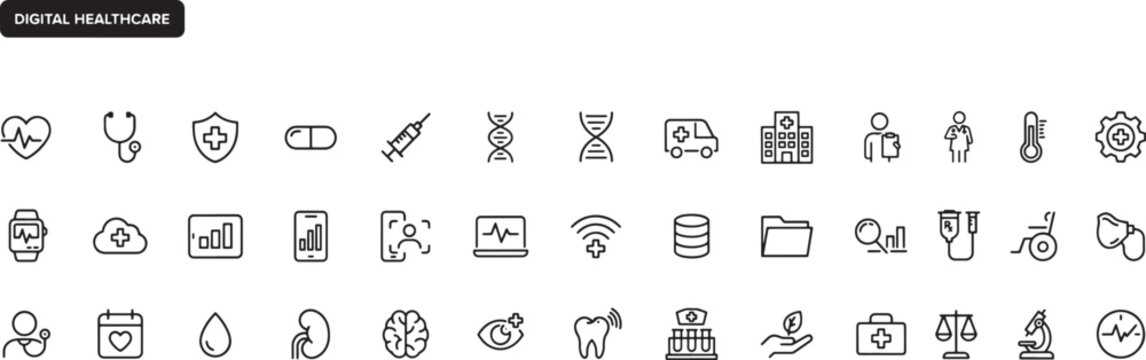 Digital healthcare and medical technology thin line icon set featuring hospital equipment laboratory tools diagnostics health monitoring and pharmacy services.