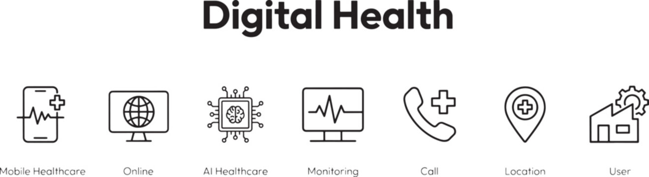 Digital health icons set mobile healthcare online ai healthcare monitoring call location user service vector illustration.