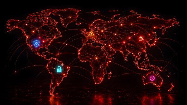 Global cyber security network map with red glowing threat nodes warning signs shields and bugs illustrating international hacking and malware risks.