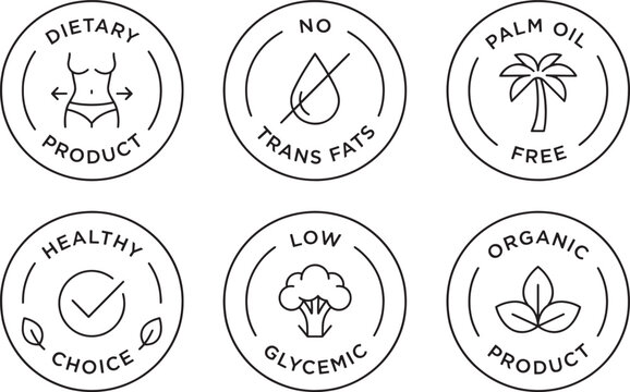 Professional certification labels for healthy food products including organic dietary trans fat free palm oil free and low glycemic certifications for packaging.