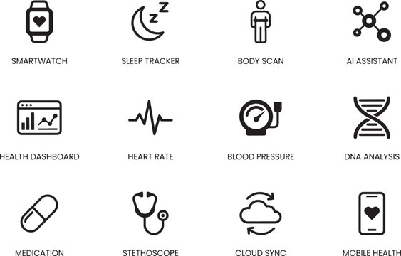 Digital health icons smartwatch sleep tracker body scan AI assistant health dashboard heart rate blood pressure DNA.