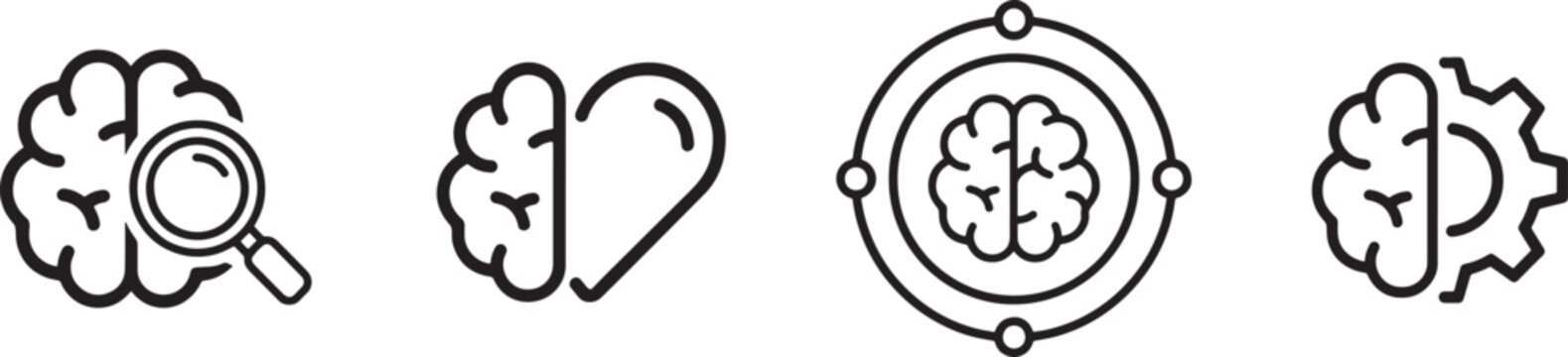 Brain and intelligence icons set with magnifying glass, heart, circular representation, and gear for creativity and knowledge.