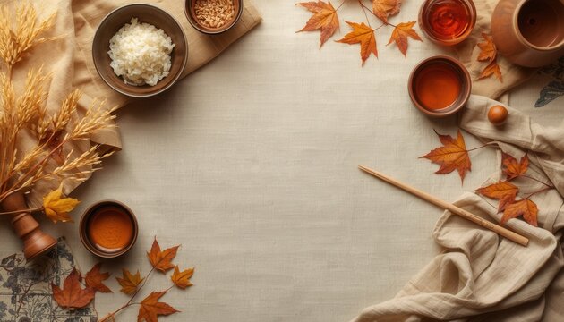 Autumn Harvest Feast: A rustic arrangement of autumn harvest ingredients, featuring warm spices, grains, and decorative leaves, set against a neutral background.