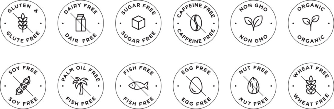 Comprehensive collection of round diet and allergen free food labels featuring gluten dairy sugar caffeine non gmo organic soy palm fish egg nut wheat icons.