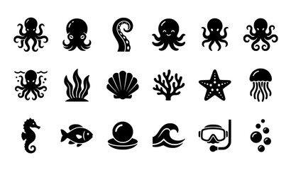 Obraz premium octopus, octopus icon, octopus silhouette, ocean creature, marine life, sea animal, tentacle, cute octopus, underwater, ocean, sea, seaweed, seashell, coral, starfish, jellyfish, seahorse, fish, pearl