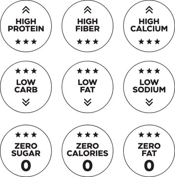 Nutrition badge labels set displaying health benefits and dietary information icons for food packaging with stars rating system and simple line art designs.