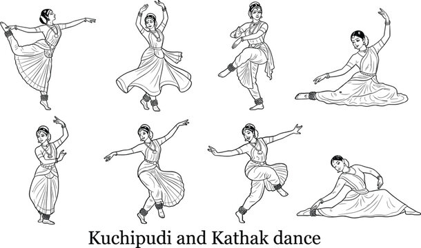 Traditional Kuchipudi and Kathak dance performers vector collection showing classical Indian dancer poses and costumes