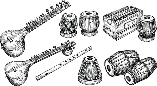 Traditional Indian musical instruments hand drawn collection with sitar tabla harmonium flute and dholak percussion elements