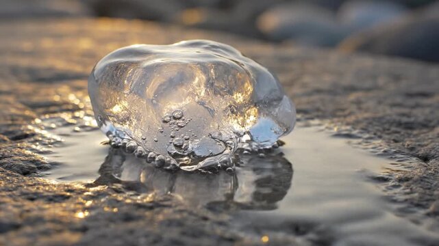 Close-up of ice melting slowly on a textured stone surface in warm sunlight