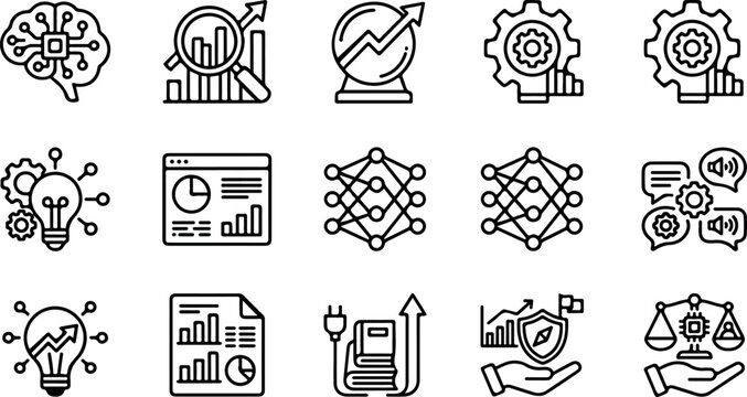 Artificial intelligence business analytics and machine learning black outline icons set for tech development