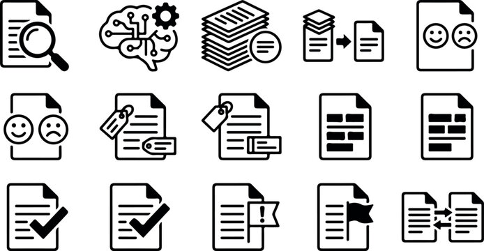 AI document processing and automated sentiment analysis black outline icons set for text data classification