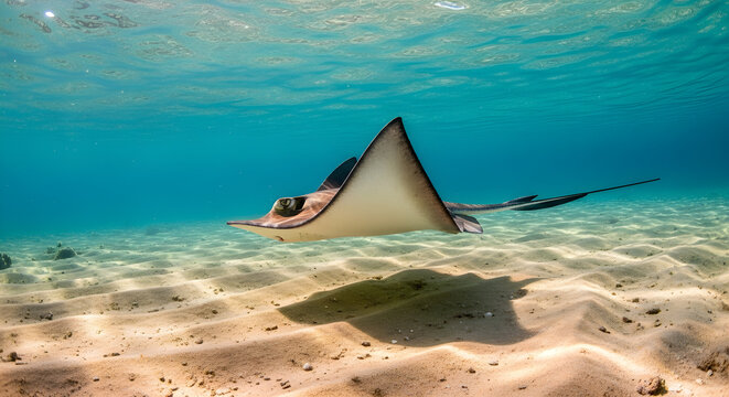 Stingray swimming over the sandy ocean floor in clear water