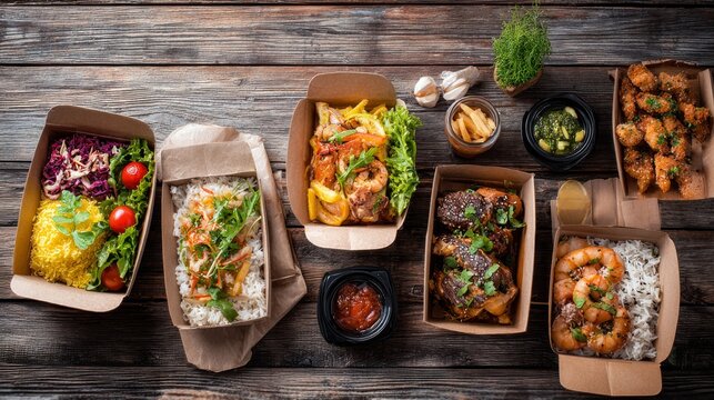 A delicious assortment of different tasty foods from a delivery service arranged on a rustic wooden background, featuring a variety of fresh and appetizing meals for online food ordering, takeaway, fa
