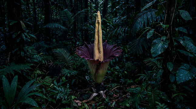 Tall Amorphophallus titanum flower in dense jungle 1.
