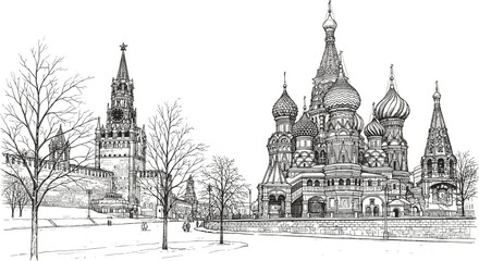 Obraz premium Moscow Red Square and Saint Basil Cathedral architecture hand drawn sketch with Kremlin wall tower and bare winter trees