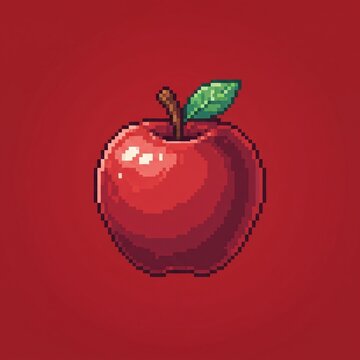 A vibrant pixel art illustration of a ripe red apple with a green leaf and stem, set against a solid red background.