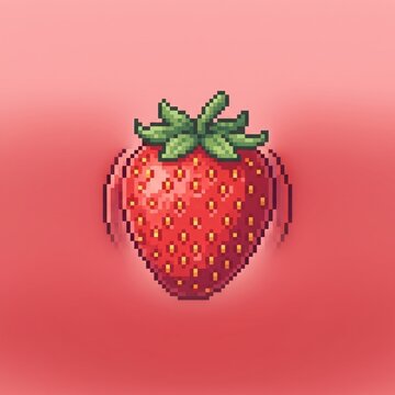 Pixel art style strawberry vibrating on a vibrant red and pink gradient background.