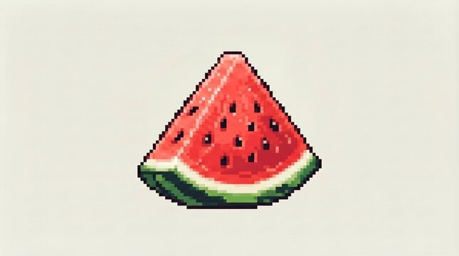 Pixel Art Illustration of a Fresh Red Watermelon Slice with Black Seeds on a Neutral Background