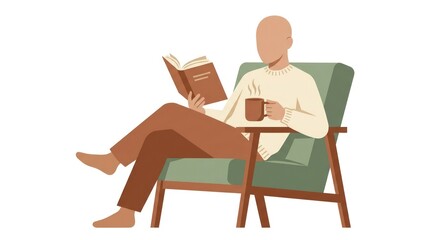 Fototapeta premium Minimalist illustration of a man reading a book in an armchair with coffee