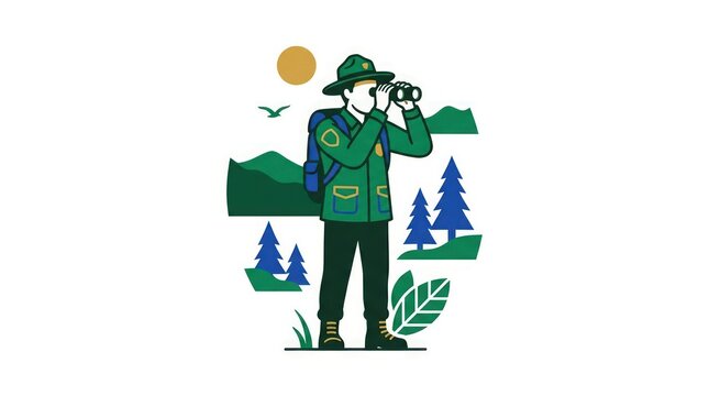 Flat Illustration of a Park Ranger Looking Through Binoculars in Nature