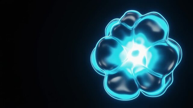 Luminous liquid-light blooms slowly across deep black space, glowing layers fold like translucent molten glass with a brilliant cyan-white core &mdash; loop ideal for premium cinematic overlays.