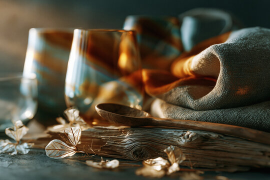 Zero waste aesthetic still life glass cups and linen on wood