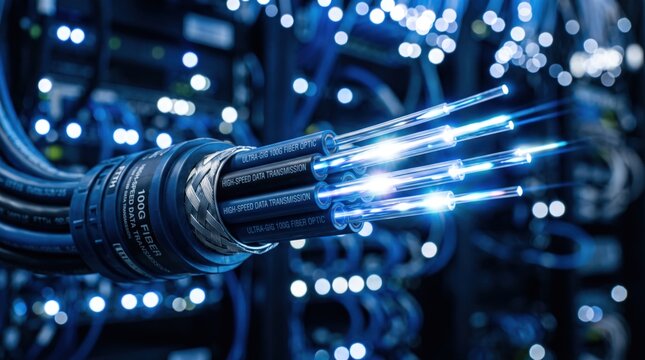 Close up of high speed fiber optic cable connection transmitting blue light data signals, advanced internet network technology and telecommunication infrastructure for server room