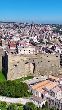Saint Elmo Castle In Naples Campania Italy. Medieval Building In A Bustling City Viewed From Above. District Skyline. Urban Backgrounds. Naples Campania.