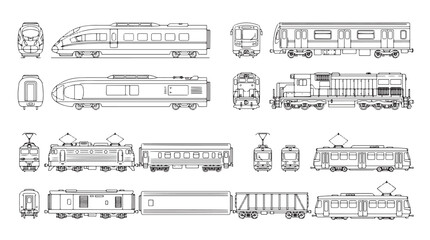 Railway Transportation CAD Line Art Designs Set, Editable CAD Vector Strokes Illustrations. containing train, locomotive, transport, rail, railway, carriage, subway, engine and more 2D CAD Designs. © MasterTech