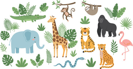 Naklejka premium Cute jungle animals cartoon vector set with elephant tiger giraffe alligator gorilla flamingo and tropical leaves