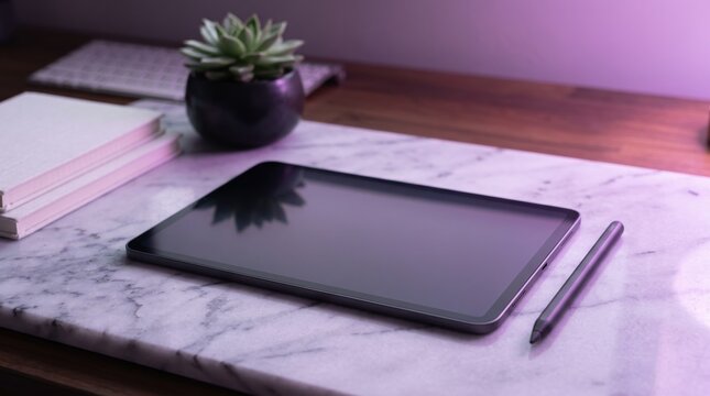 Modern digital tablet and stylus pen lying on marble desk surface with succulent plant and notebook in creative workspace background